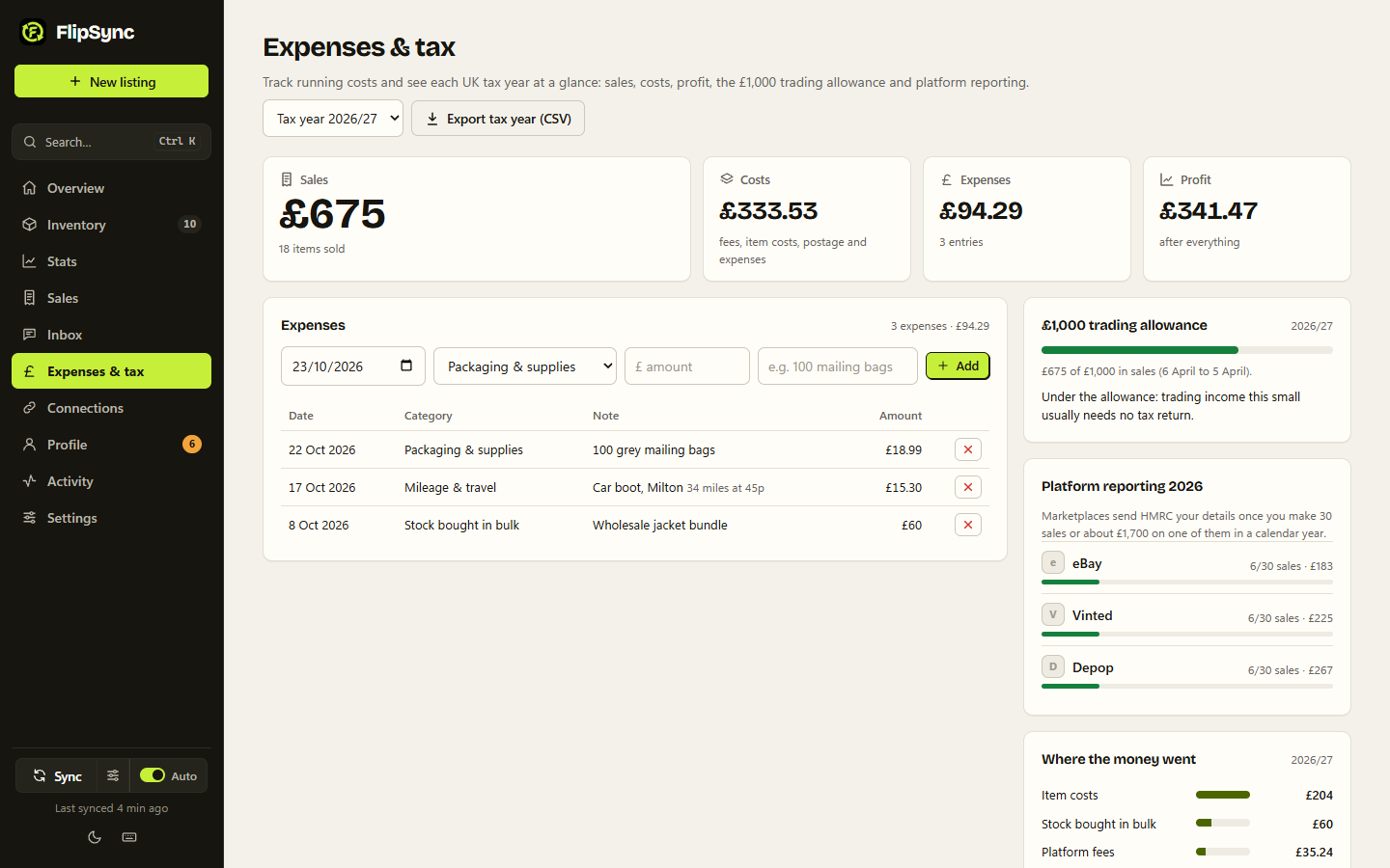 FlipSync's expenses and tax page