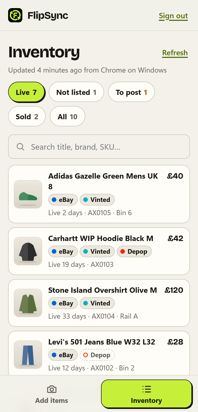 FlipSync's Inventory on a phone: items live on eBay, Vinted and Depop, with their prices and how long each has been listed