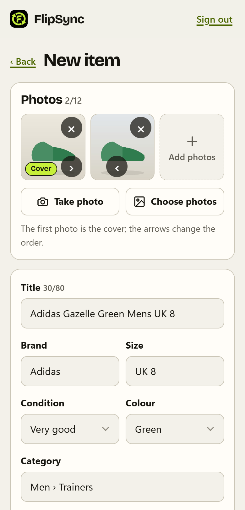 FlipSync on a phone: a new item with two photos, its title, brand, size, condition, colour and category